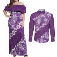Vintage Purple Polynesia Couples Matching Off Shoulder Maxi Dress and Long Sleeve Button Shirt Plumeria With Hibiscus Tropical Vibes LT14 Purple - Polynesian Pride
