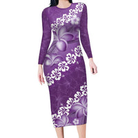 Vintage Purple Polynesia Family Matching Long Sleeve Bodycon Dress and Hawaiian Shirt Plumeria With Hibiscus Tropical Vibes LT14 Mom's Dress Purple - Polynesian Pride