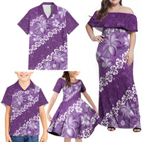 Vintage Purple Polynesia Family Matching Off Shoulder Maxi Dress and Hawaiian Shirt Plumeria With Hibiscus Tropical Vibes LT14 - Polynesian Pride