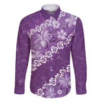 Vintage Purple Polynesia Family Matching Off Shoulder Short Dress and Hawaiian Shirt Plumeria With Hibiscus Tropical Vibes LT14 Dad's Shirt - Long Sleeve Purple - Polynesian Pride