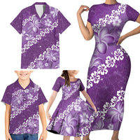 Vintage Purple Polynesia Family Matching Short Sleeve Bodycon Dress and Hawaiian Shirt Plumeria With Hibiscus Tropical Vibes LT14 - Polynesian Pride
