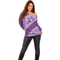 Vintage Purple Polynesia Off Shoulder Sweater Plumeria With Hibiscus Tropical Vibes