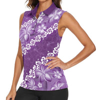 Vintage Purple Polynesia Women Sleeveless Polo Shirt Plumeria With Hibiscus Tropical Vibes LT14 - Polynesian Pride
