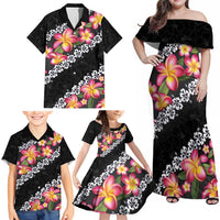 Black Polynesia Family Matching Off Shoulder Maxi Dress and Hawaiian Shirt Plumeria With Hibiscus Pattern Tropical Vibes LT14 - Polynesian Pride