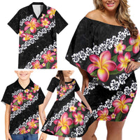 Black Polynesia Family Matching Off Shoulder Short Dress and Hawaiian Shirt Plumeria With Hibiscus Pattern Tropical Vibes LT14 - Polynesian Pride