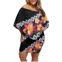 Black Polynesia Family Matching Off Shoulder Short Dress and Hawaiian Shirt Plumeria With Hibiscus Pattern Tropical Vibes LT14 Mom's Dress Black - Polynesian Pride
