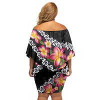 Black Polynesia Family Matching Off Shoulder Short Dress and Hawaiian Shirt Plumeria With Hibiscus Pattern Tropical Vibes LT14 - Polynesian Pride