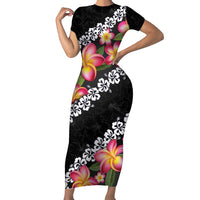 Black Polynesia Family Matching Short Sleeve Bodycon Dress and Hawaiian Shirt Plumeria With Hibiscus Pattern Tropical Vibes LT14 Mom's Dress Black - Polynesian Pride