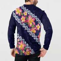 Blue Polynesia Button Sweatshirt Plumeria With Hibiscus Pattern Tropical Vibes