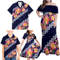 Blue Polynesia Family Matching Off Shoulder Maxi Dress and Hawaiian Shirt Plumeria With Hibiscus Pattern Tropical Vibes LT14 - Polynesian Pride