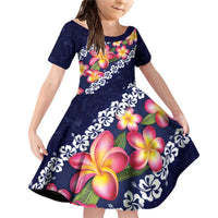 Blue Polynesia Family Matching Off Shoulder Short Dress and Hawaiian Shirt Plumeria With Hibiscus Pattern Tropical Vibes LT14 Daughter's Dress Blue - Polynesian Pride