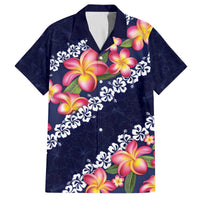 Blue Polynesia Family Matching Off Shoulder Short Dress and Hawaiian Shirt Plumeria With Hibiscus Pattern Tropical Vibes LT14 Dad's Shirt - Short Sleeve Blue - Polynesian Pride