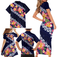 Blue Polynesia Family Matching Short Sleeve Bodycon Dress and Hawaiian Shirt Plumeria With Hibiscus Pattern Tropical Vibes LT14 - Polynesian Pride