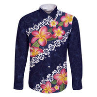 Blue Polynesia Family Matching Summer Maxi Dress and Hawaiian Shirt Plumeria With Hibiscus Pattern Tropical Vibes LT14 Dad's Shirt - Long Sleeve Blue - Polynesian Pride