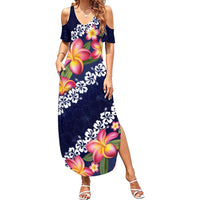 Blue Polynesia Family Matching Summer Maxi Dress and Hawaiian Shirt Plumeria With Hibiscus Pattern Tropical Vibes LT14 Mom's Dress Blue - Polynesian Pride
