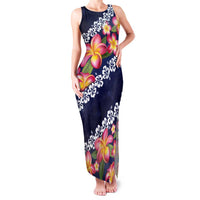 Blue Polynesia Family Matching Tank Maxi Dress and Hawaiian Shirt Plumeria With Hibiscus Pattern Tropical Vibes LT14 Mom's Dress Blue - Polynesian Pride