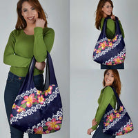 Blue Polynesia Grocery Bag Plumeria With Hibiscus Pattern Tropical Vibes