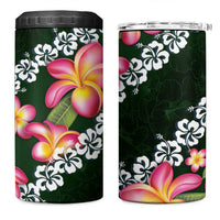 Green Polynesia 4 in 1 Can Cooler Tumbler Plumeria With Hibiscus Pattern Tropical Vibes