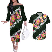 Green Polynesia Couples Matching Off The Shoulder Long Sleeve Dress and Hawaiian Shirt Plumeria With Hibiscus Pattern Tropical Vibes LT14 Green - Polynesian Pride