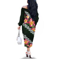 Green Polynesia Family Matching Off The Shoulder Long Sleeve Dress and Hawaiian Shirt Plumeria With Hibiscus Pattern Tropical Vibes LT14 - Polynesian Pride