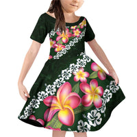 Green Polynesia Family Matching Off Shoulder Short Dress and Hawaiian Shirt Plumeria With Hibiscus Pattern Tropical Vibes LT14 Daughter's Dress Green - Polynesian Pride