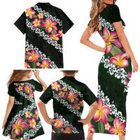 Green Polynesia Family Matching Short Sleeve Bodycon Dress and Hawaiian Shirt Plumeria With Hibiscus Pattern Tropical Vibes LT14 - Polynesian Pride