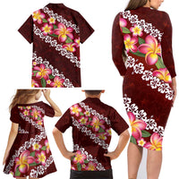 Oxblood Polynesia Family Matching Long Sleeve Bodycon Dress and Hawaiian Shirt Plumeria With Hibiscus Pattern Tropical Vibes LT14 - Polynesian Pride