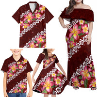 Oxblood Polynesia Family Matching Off Shoulder Maxi Dress and Hawaiian Shirt Plumeria With Hibiscus Pattern Tropical Vibes LT14 - Polynesian Pride