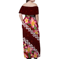 Oxblood Polynesia Family Matching Off Shoulder Maxi Dress and Hawaiian Shirt Plumeria With Hibiscus Pattern Tropical Vibes LT14 - Polynesian Pride