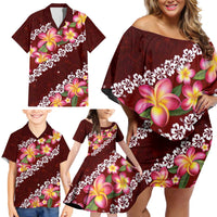 Oxblood Polynesia Family Matching Off Shoulder Short Dress and Hawaiian Shirt Plumeria With Hibiscus Pattern Tropical Vibes LT14 - Polynesian Pride