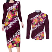 Pink Polynesia Couples Matching Long Sleeve Bodycon Dress and Long Sleeve Button Shirt Plumeria With Hibiscus Pattern Tropical Vibes