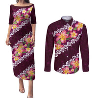 Pink Polynesia Couples Matching Puletasi and Long Sleeve Button Shirt Plumeria With Hibiscus Pattern Tropical Vibes