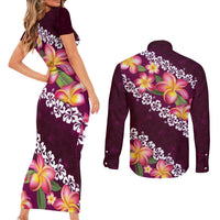Pink Polynesia Couples Matching Short Sleeve Bodycon Dress and Long Sleeve Button Shirt Plumeria With Hibiscus Pattern Tropical Vibes