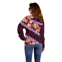Pink Polynesia Off Shoulder Sweater Plumeria With Hibiscus Pattern Tropical Vibes