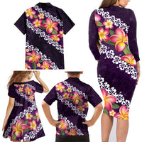 Purple Polynesia Family Matching Long Sleeve Bodycon Dress and Hawaiian Shirt Plumeria With Hibiscus Pattern Tropical Vibes LT14 - Polynesian Pride