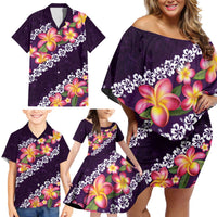 Purple Polynesia Family Matching Off Shoulder Short Dress and Hawaiian Shirt Plumeria With Hibiscus Pattern Tropical Vibes LT14 - Polynesian Pride
