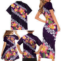 Purple Polynesia Family Matching Short Sleeve Bodycon Dress and Hawaiian Shirt Plumeria With Hibiscus Pattern Tropical Vibes LT14 - Polynesian Pride