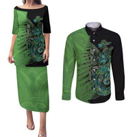 Personalised New Zealand Darts Couples Matching Puletasi and Long Sleeve Button Shirt Aotearoa Maori Fern Mix Manaia Tattoo LT14 Green - Polynesian Pride