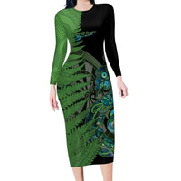 Personalised New Zealand Darts Family Matching Long Sleeve Bodycon Dress and Hawaiian Shirt Aotearoa Maori Fern Mix Manaia Tattoo LT14 Mom's Dress Green - Polynesian Pride