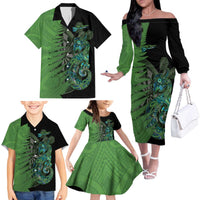 Personalised New Zealand Darts Family Matching Off The Shoulder Long Sleeve Dress and Hawaiian Shirt Aotearoa Maori Fern Mix Manaia Tattoo LT14 - Polynesian Pride