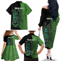 Personalised New Zealand Darts Family Matching Off The Shoulder Long Sleeve Dress and Hawaiian Shirt Aotearoa Maori Fern Mix Manaia Tattoo LT14 - Polynesian Pride