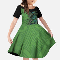 Personalised New Zealand Darts Family Matching Off Shoulder Maxi Dress and Hawaiian Shirt Aotearoa Maori Fern Mix Manaia Tattoo LT14 Daughter's Dress Green - Polynesian Pride