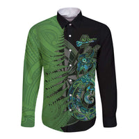 Personalised New Zealand Darts Long Sleeve Button Shirt Aotearoa Maori Fern Mix Manaia Tattoo LT14 Unisex Green - Polynesian Pride