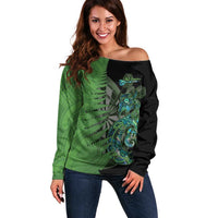 Personalised New Zealand Darts Off Shoulder Sweater Aotearoa Maori Fern Mix Manaia Tattoo LT14 Women Green - Polynesian Pride
