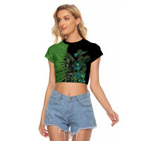 Personalised New Zealand Darts Raglan Cropped T Shirt Aotearoa Maori Fern Mix Manaia Tattoo LT14 Female Green - Polynesian Pride