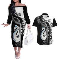 Personalised New Zealand Darts Couples Matching Off The Shoulder Long Sleeve Dress and Hawaiian Shirt Aotearoa Fern Mix Paua Shell Manaia - Black LT14 Black - Polynesian Pride