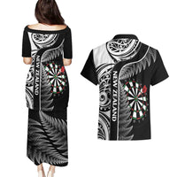 Personalised New Zealand Darts Couples Matching Puletasi and Hawaiian Shirt Aotearoa Fern Mix Paua Shell Manaia - Black LT14 - Polynesian Pride