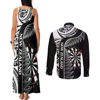 Personalised New Zealand Darts Couples Matching Tank Maxi Dress and Long Sleeve Button Shirt Aotearoa Fern Mix Paua Shell Manaia - Black LT14 - Polynesian Pride
