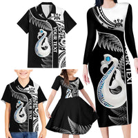 Personalised New Zealand Darts Family Matching Long Sleeve Bodycon Dress and Hawaiian Shirt Aotearoa Fern Mix Paua Shell Manaia - Black LT14 - Polynesian Pride