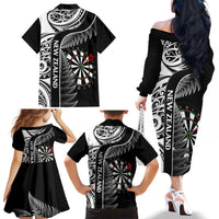 Personalised New Zealand Darts Family Matching Off The Shoulder Long Sleeve Dress and Hawaiian Shirt Aotearoa Fern Mix Paua Shell Manaia - Black LT14 - Polynesian Pride